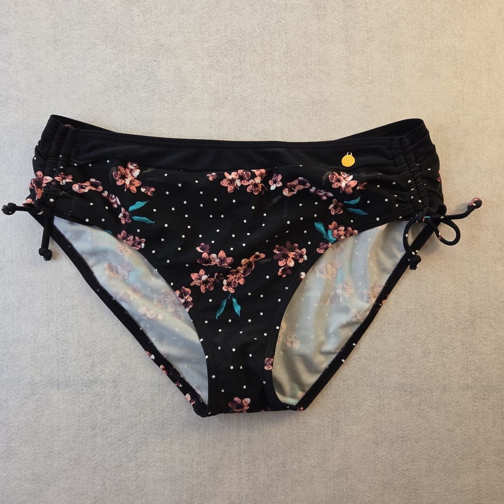 LASCANA Venus Bottom Sz 10 Black Floral Polka Dot Bikini Ruched Sides NWOT